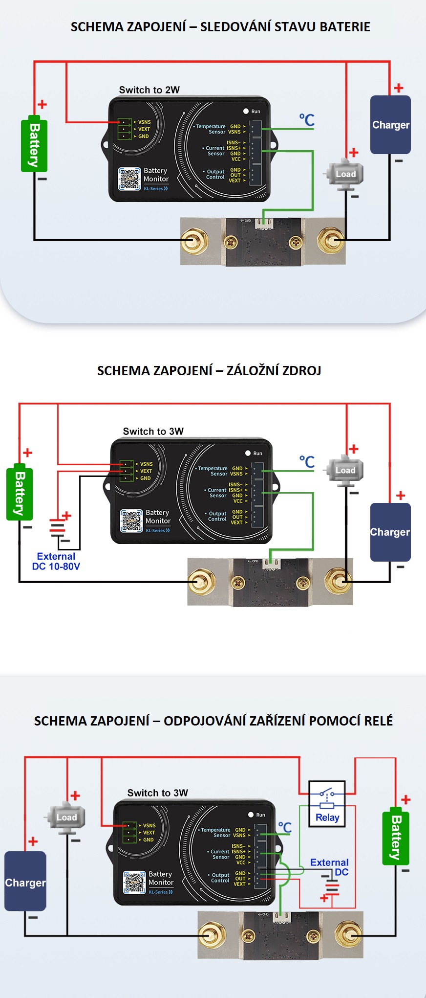 Monitorovací zařízení a odpojovač pro baterie s napětím od 9 do 120V, proudová zátěž max. 600A, bluetooth aplikace