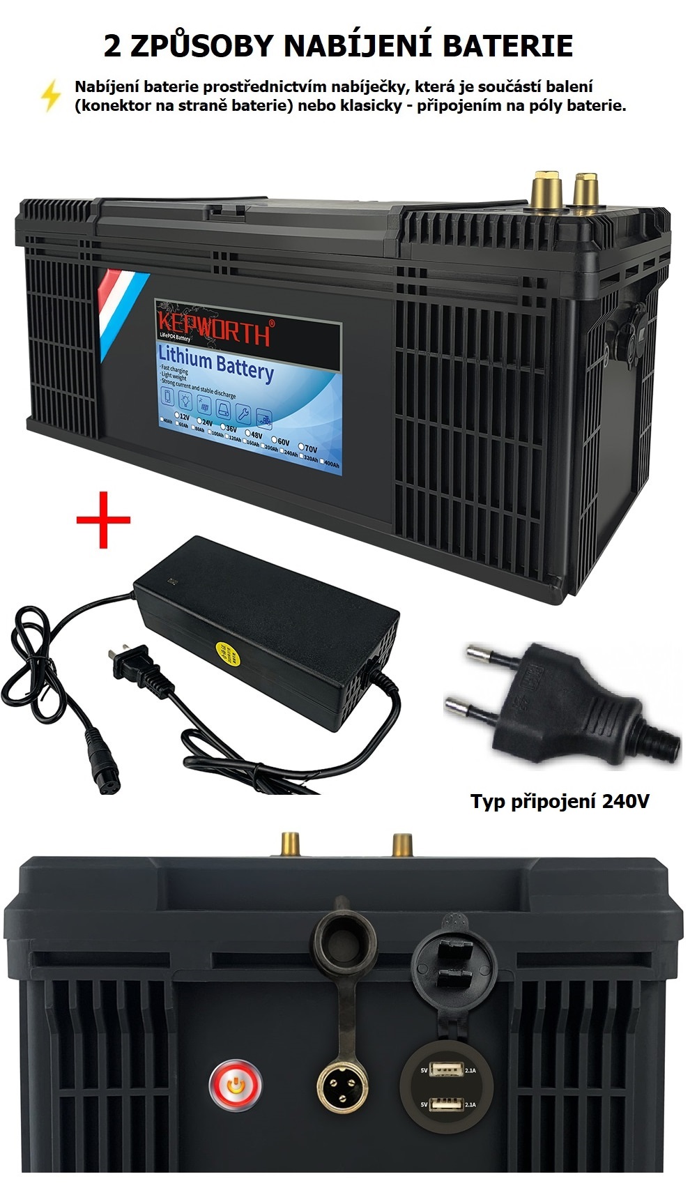 Baterie LiFePO4 12,8V 320Ah, 4096Wh, USB výstup, včetně nabíječky 7A, Lithium-železo-fosfátová baterie, BMS