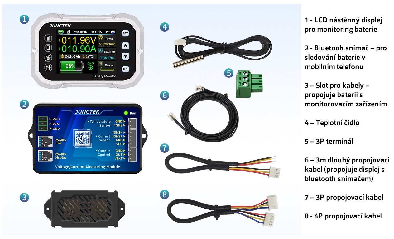 JT Sledovač stavu baterie a odpojovač pro baterie s napětím od 9 do 120V, proudová zátěž max. 100A, barevný displej, bluetooth aplikace