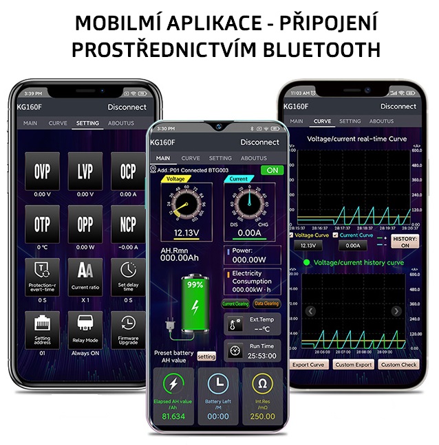 JT Sledovač stavu baterie a odpojovač pro baterie s napětím od 9 do 120V, proudová zátěž max. 100A, barevný  displej, bluetooth aplikace, barva černá