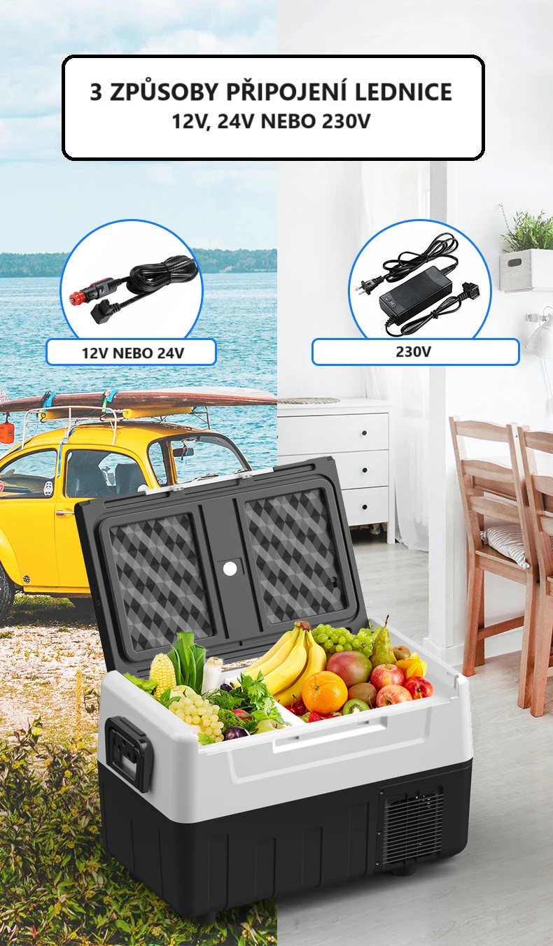 Autochladnička kompresorová, dvouzonová autolednice, objem 45l, napájení 12V, 24V nebo 230V, LCD displej, odnímatelná přepážka