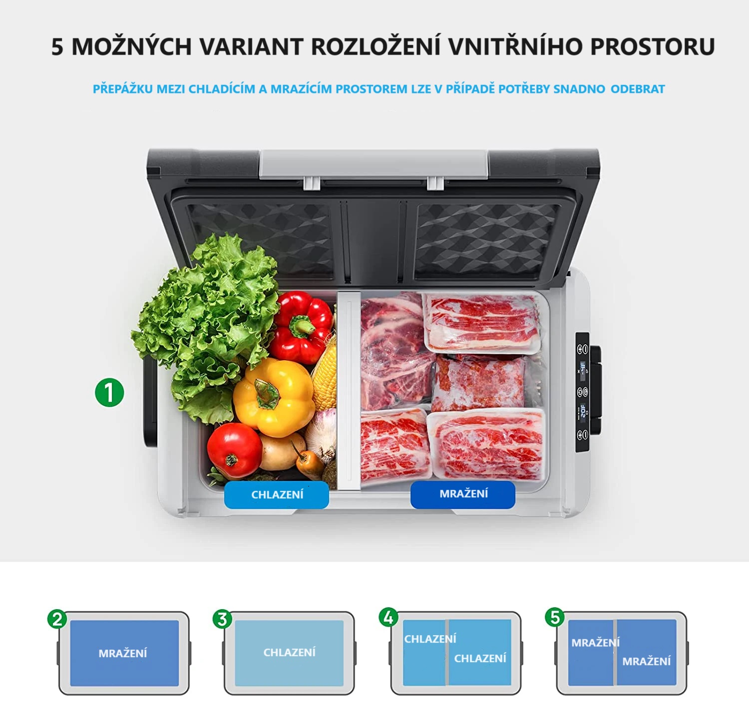 Autochladnička kompresorová, dvouzonová autolednice, objem 55l, napájení 12V, 24V nebo 230V, LCD displej, odnímatelná přepážka