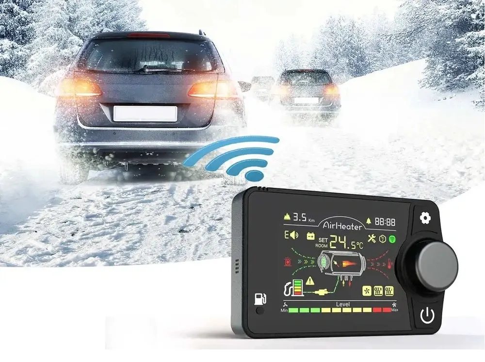 XL-AIRD Nezávislé topení 5kW včetně instalační sady, černý LCD ovladač nová verze, dálkový ovladač, 12V nebo 24V automatická volba, Bluetooth aplikace