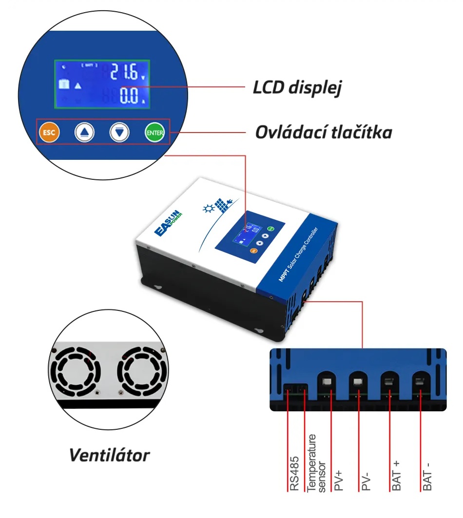EAS solární regulátor MPPT 12/24V/36V/48V auto, 150VDC, nabíjecí proud 100A, pro olověné baterie, GEL, Li-ion, LiFePO4