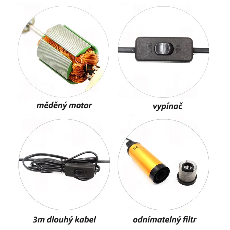 Ponorné čerpadlo 30l/min, s krokosvorkami a vypínačem, včetně filtru 24V