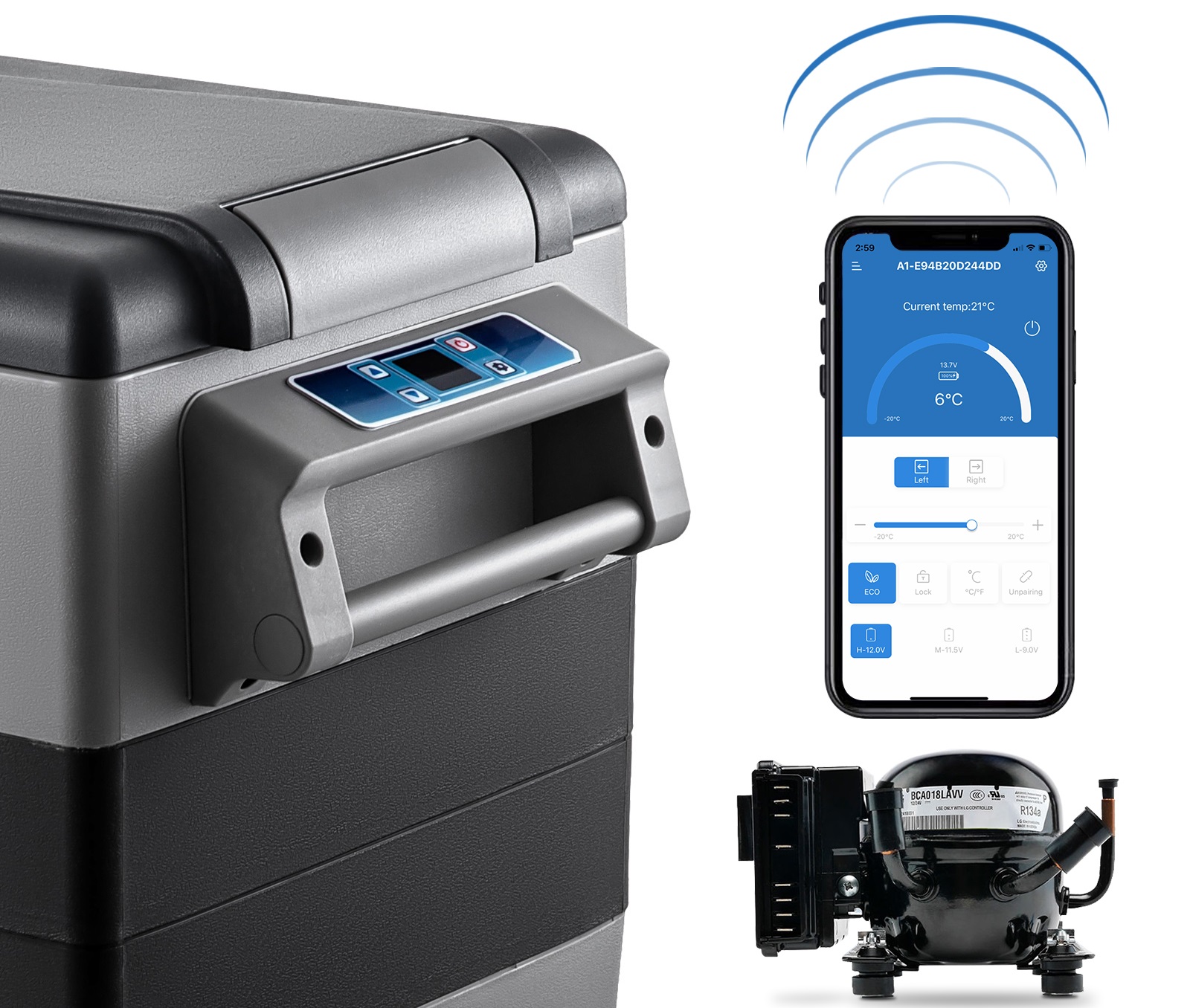 Autochladnička kompresorová, autolednice, objem 55l, napájení 12V, 24V nebo 230V, LCD displej, bluetooth aplikace