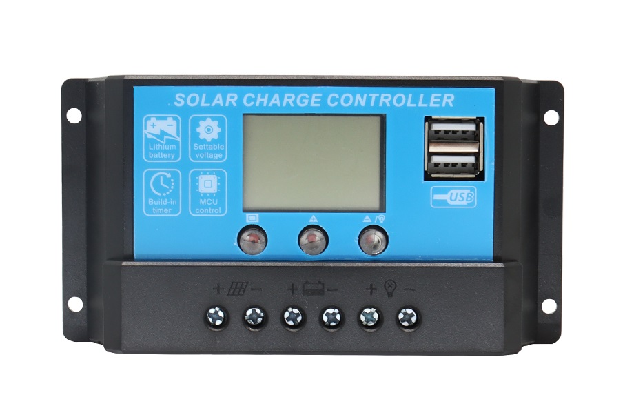Solární regulátor PWM 30A, LCD display, 2x výstup USB, modrý, pro LiFePO4, lithiové a olověné baterie