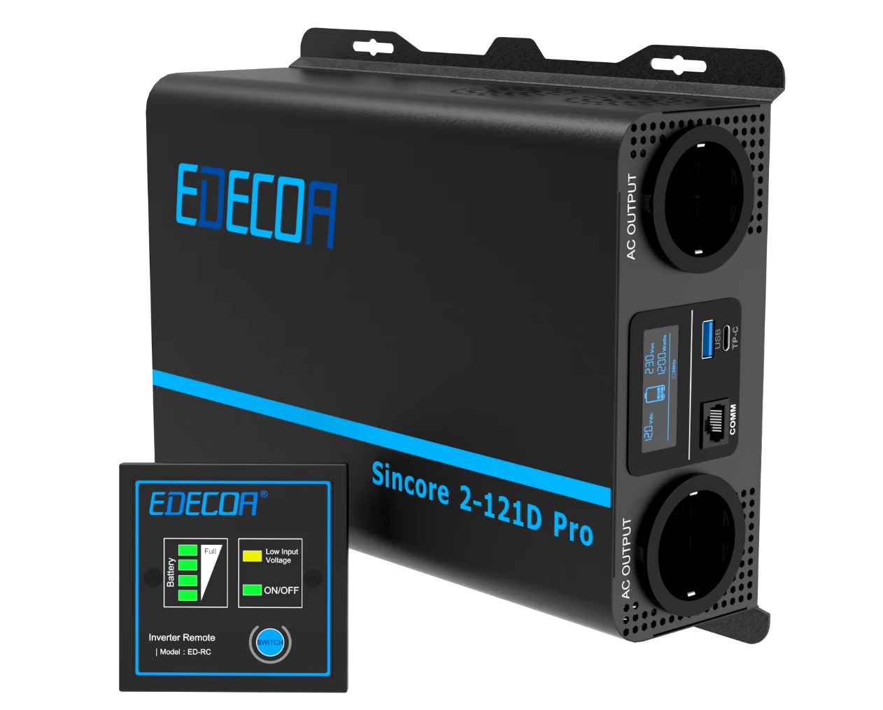 EDECOA Měnič napětí z 12/230V, USB, 1200W, LCD display, kontrolní panel, čistý sinus, ed39
