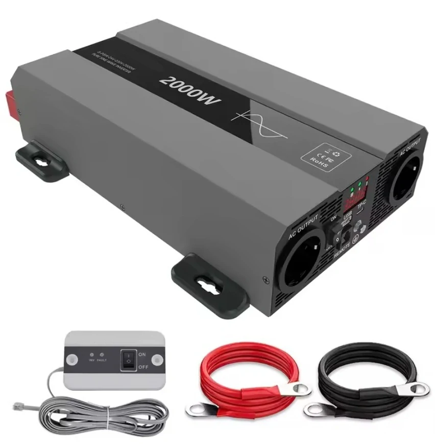 Měnič napětí z 12/230V 2000W, porty USB, PD 30W, vzdálený vypínač, čistý sinus, stříbrný