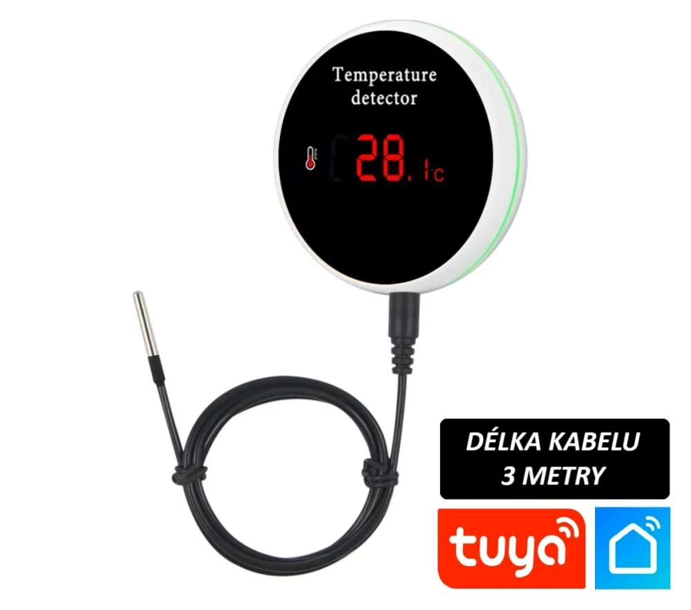 Wifi smart teplotní senzor s digitálním displejem a vzdáleným kabelovým senzorem 3m, rozsah měření -40°C - 120°C, Tuya/Smart Life
