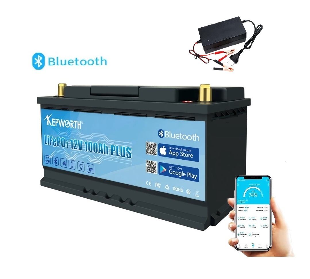 Baterie LiFePO4 12,8V 100Ah, 1280Wh, včetně nabíječky 7A, bluetooth smart BMS, Lithium-železo-fosfátová baterie