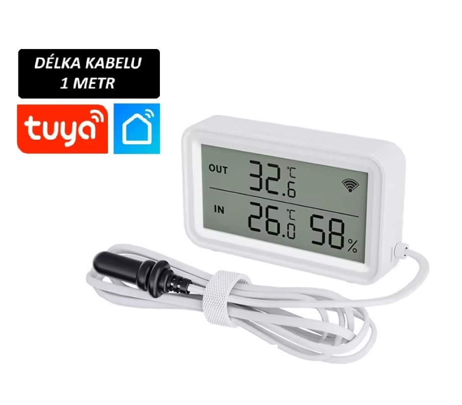Wifi smart teplotní senzor s měřením vlhkosti s digitálním displejem a vzdáleným kabelovým senzorem 1m, rozsah měření -40°C - 120°C, Tuya/Smart Life
