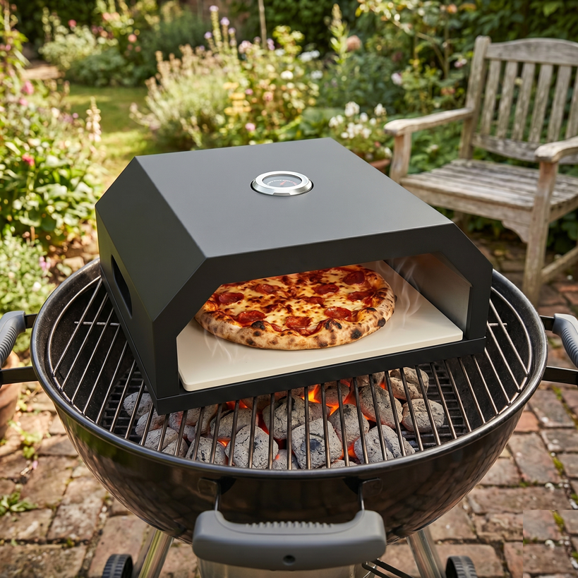 Nerezová pizza pec na gril 40 cm s kordieritovým kamenem 34x30 cm