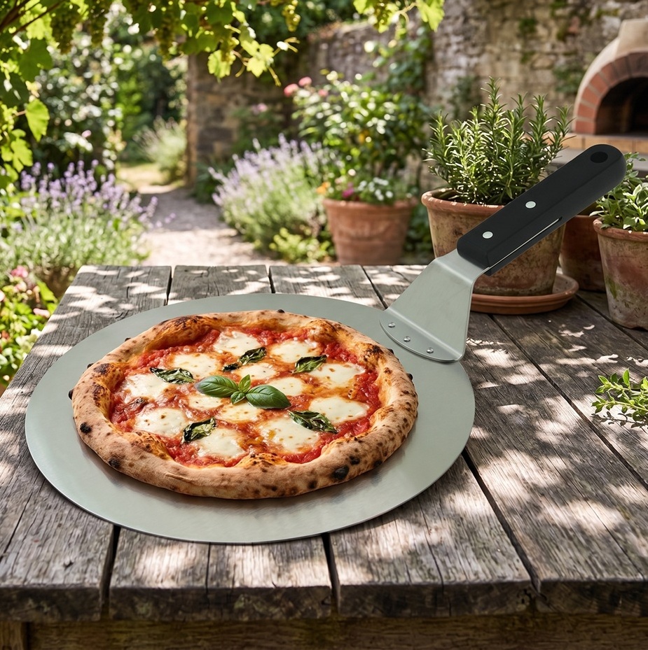 Skládací nerezová lopata na pizzu s ergonomickou plastovou rukojetí kulatá průměr 25 cm