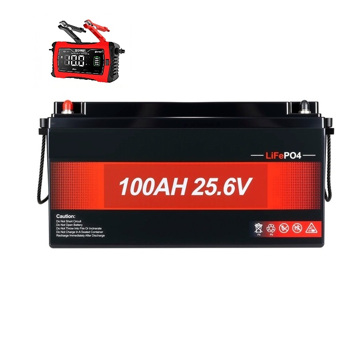 Baterie LiFePO4 25,6V (24V) 100Ah, 2560Wh, Lithium-železo-fosfátová baterie, BMS, délka 485mm, včetně nabíječky 5A