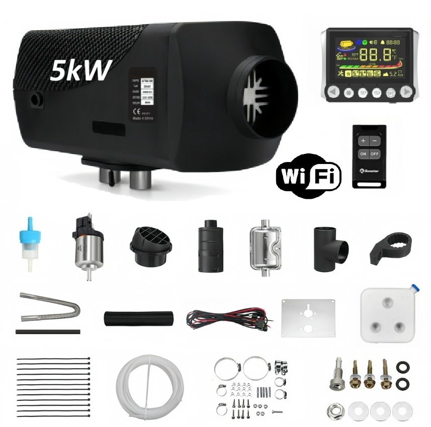 XL-AIRD Nezávislé topení 5kW včetně instalační sady, černý LCD ovladač nová verze, černý dálkový ovladač, 12V nebo 24V automatická volba, tiché čerpadlo, Bluetooth aplikace, wifi vzdálené ovládání