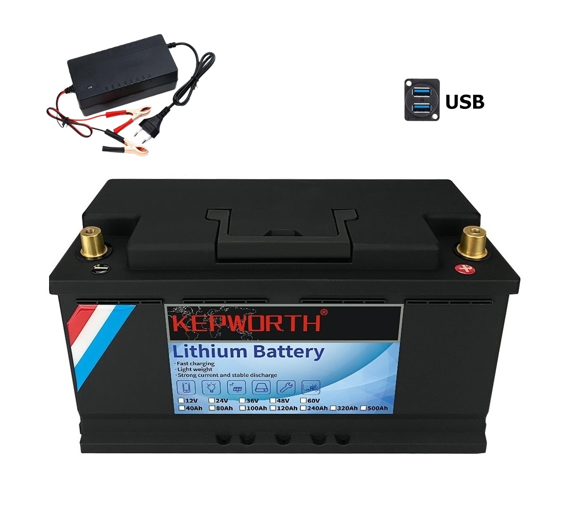 Baterie LiFePO4 12,8V 120Ah, 1540Wh, USB výstup, včetně nabíječky 7A, Lithium-železo-fosfátová baterie, BMS