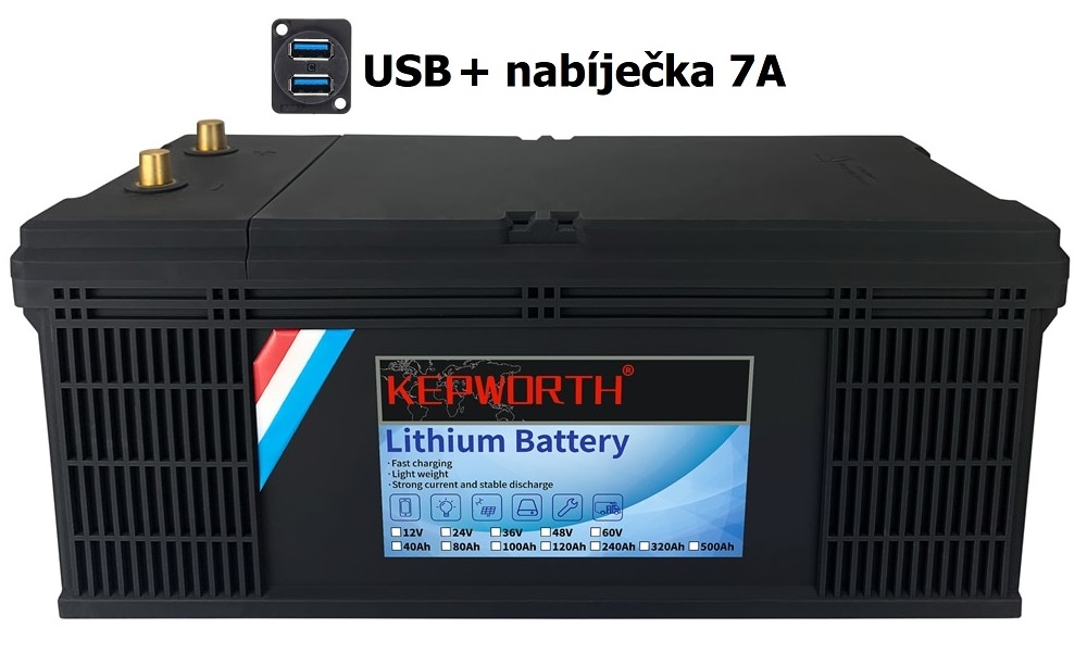 Baterie LiFePO4 12,8V 200Ah, 2560Wh, USB výstup, včetně nabíječky 7A, Lithium-železo-fosfátová baterie, BMS, 