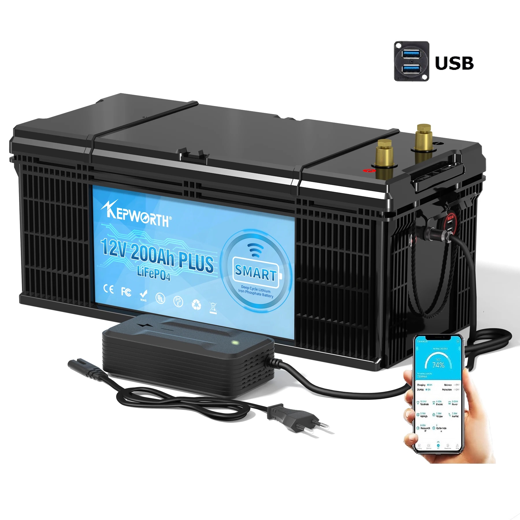 Baterie LiFePO4 12,8V 200Ah, 2560Wh, bluetooth smart BMS, USB výstup, včetně nabíječky 7A, Lithium-železo-fosfátová baterie