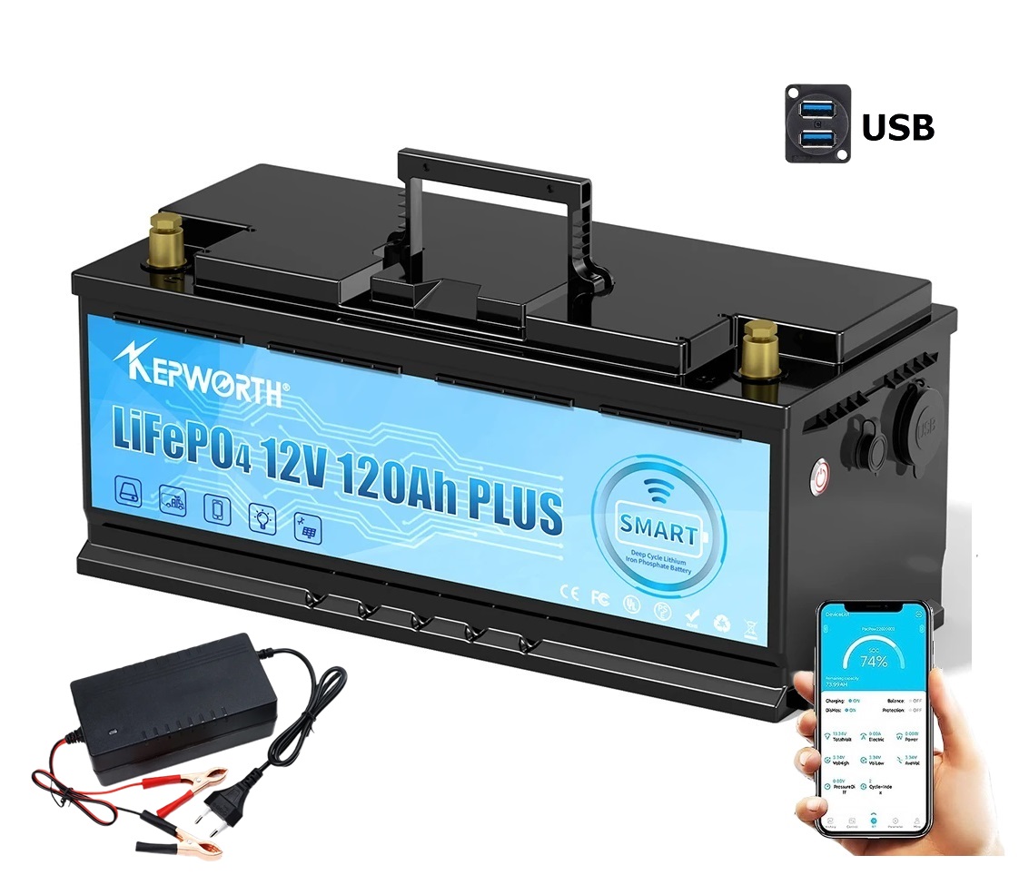 Baterie LiFePO4 12,8V 120Ah, 1540Wh, USB výstup, včetně nabíječky 7A, bluetooth smart BMS, Lithium-železo-fosfátová baterie
