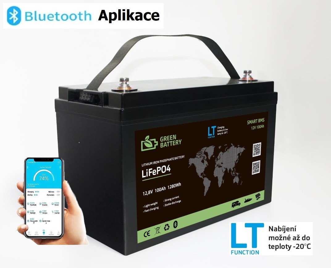 Baterie LiFePO4 12,8V 100Ah, 1280Wh, funkce LT pro nabíjení až do -20°C, bluetooth smart BMS, Lithium-železo-fosfátová baterie