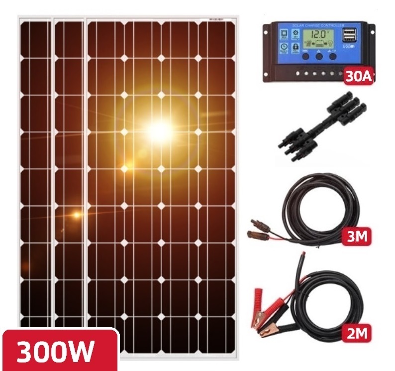 Solární set, 3x solární panel v hliníkovém rámu 1170 x 540mm  (celkem 300Wp), PWM Regulátor 30A, kabel pro připojení solárních panelů, kabel pro připojení k baterii 12 nebo 24V