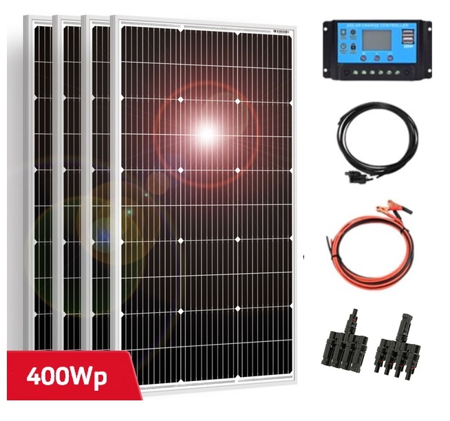 Solární set, 4x solární panel v hliníkovém rámu 970x565mm (celkem 400Wp), PWM Regulátor 30A, kabel pro připojení solárních panelů, kabel pro připojení k baterii 12 nebo 24V