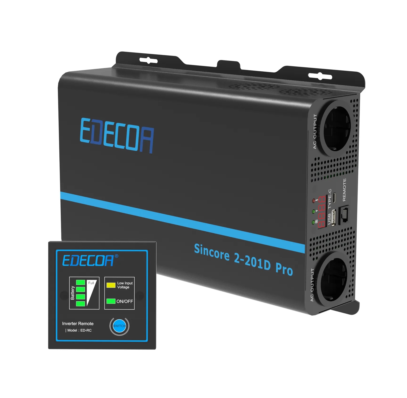 EDECOA Měnič napětí z 12/230V, USB, 2000W, LCD display, kontrolní panel, čistý sinus, ed34