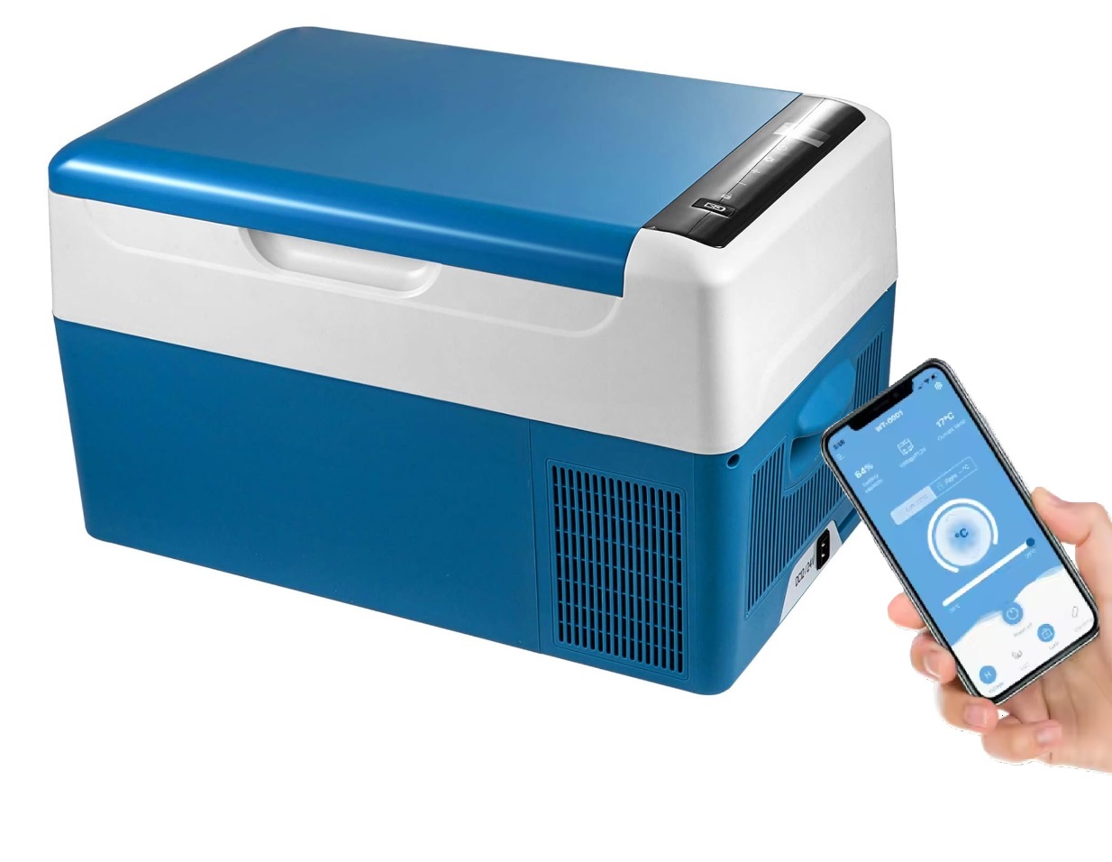 Autochladnička kompresorová, autolednice, objem 22l, napájení 12V, 24V nebo 230V, LCD displej, bluetooth aplikace, modrá