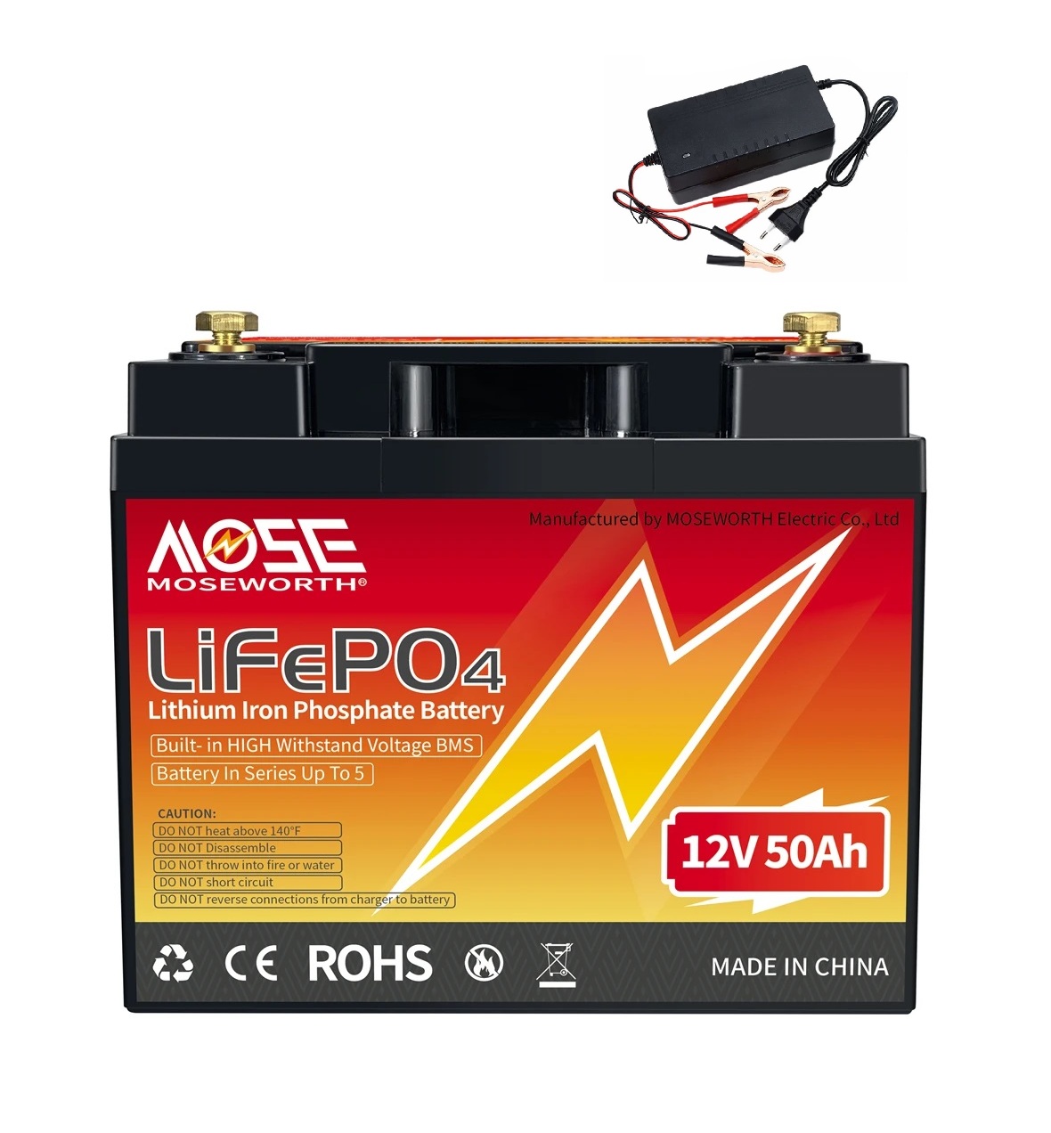 Baterie LiFePO4 12,8V 50Ah, 640Wh, včetně nabíječky 7A, Lithium-železo-fosfátová baterie, BMS