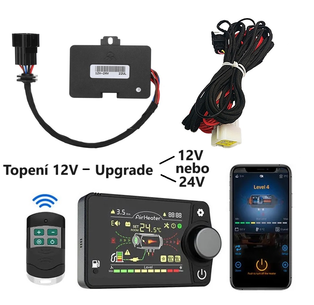 Instalační sada pro přechod na nový Bluetooh ovladač, pro topení 12V (5-8kW), řídící jednotka 12 a 24V, ovládací displej, dálkový ovladač, kabelový svazek, sada