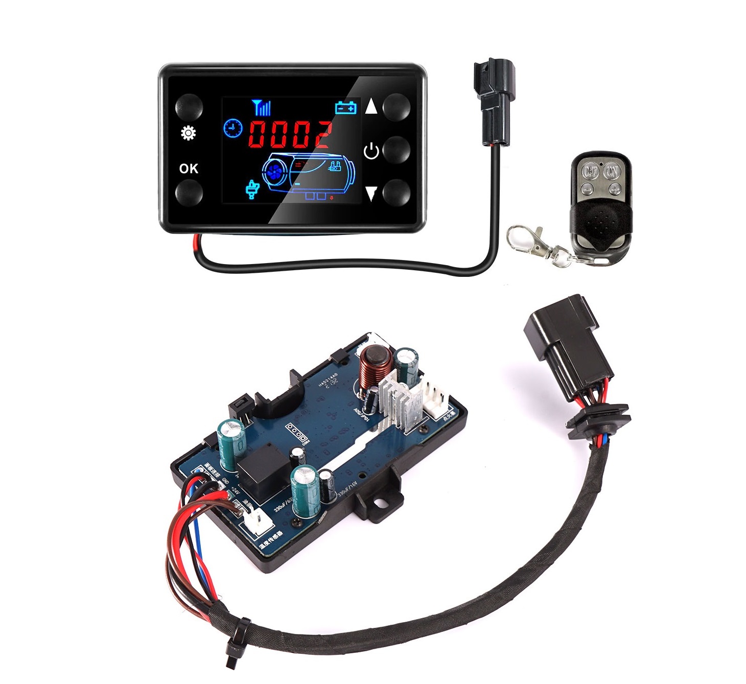 Instalační sada pro přechod na černý ovládací displej, pro topení 12V (2-8kW), řídící jednotka 12V, ovládací displej, dálkový ovladač