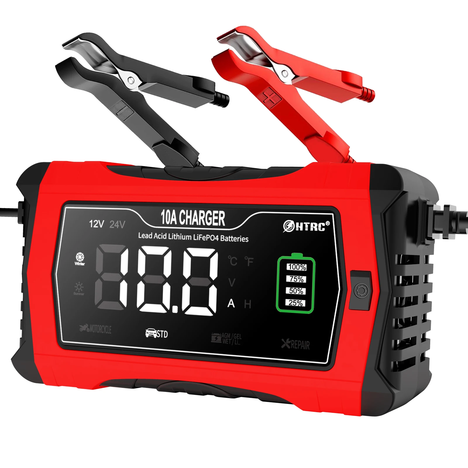 Nabíječka mikroprocesor 10A 12V nebo 24V (5A) PB/GEL/AGM/LiFePO4 LCD displej, černo-červená