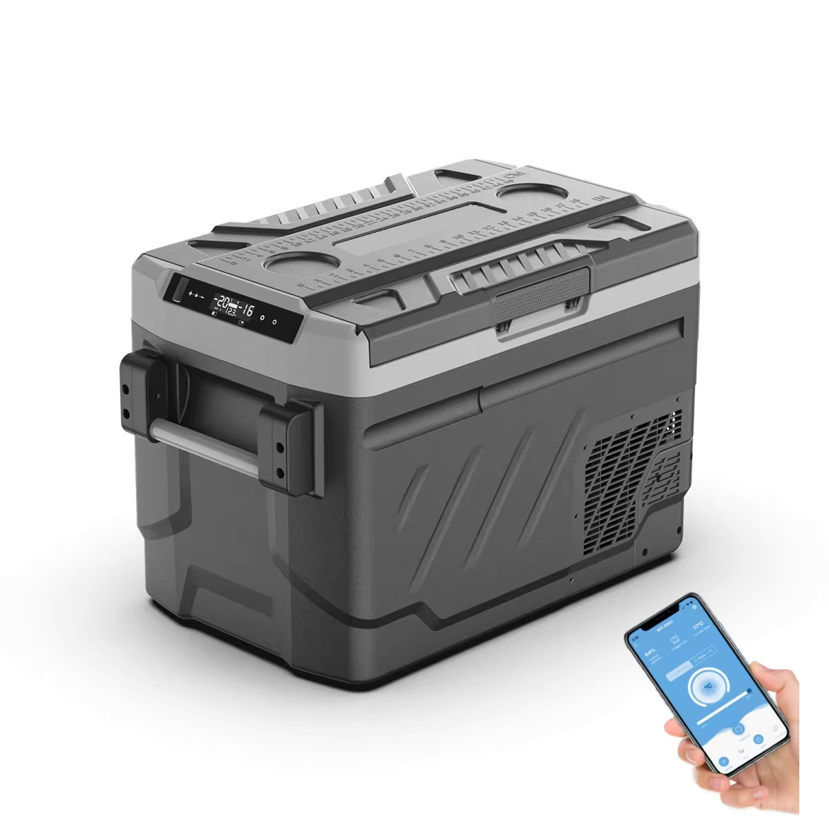 Autochladnička kompresorová dvouzonová, autolednice, objem 40l, napájení 12V, 24V nebo 230V, LCD displej, bluetooth aplikace, šedá