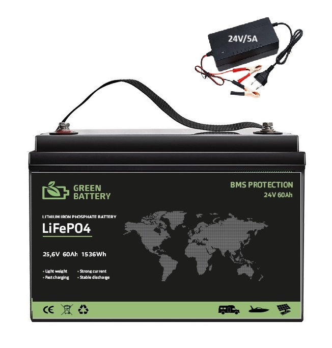 Baterie LiFePO4 25,6V (24V) 60Ah, 1540Wh, včetně nabíječky 5A, Lithium-železo-fosfátová baterie, BMS
