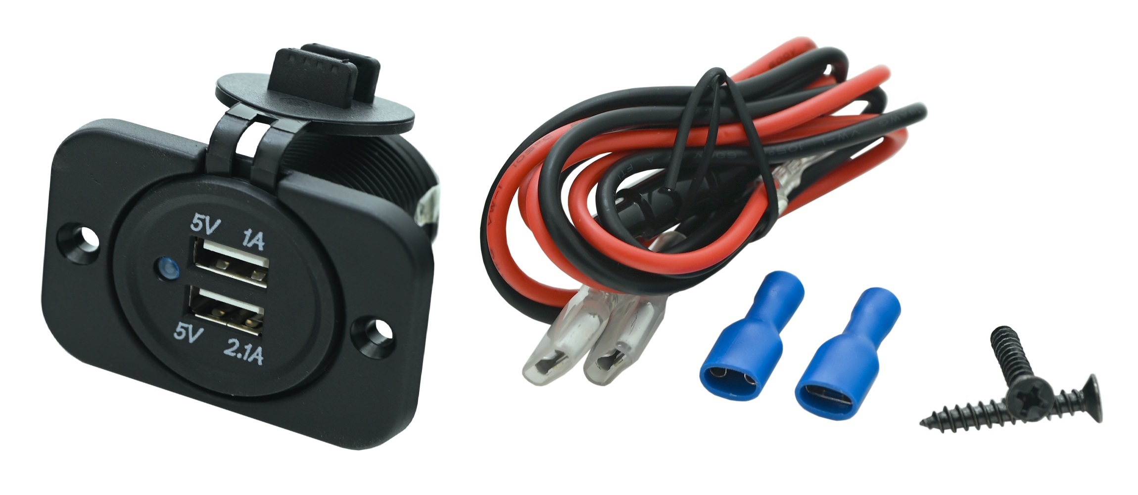 Duální USB nabíječka, zásuvka pro nabíjení do karavanu 2x USB 1x2, 1A a 1x1A, připojení 12V