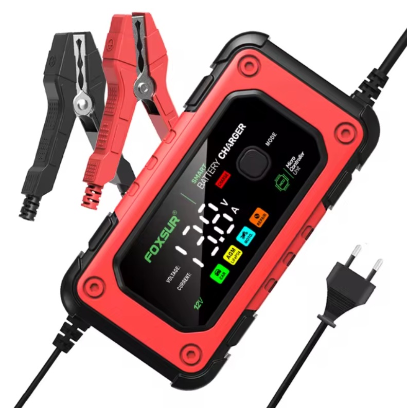 Nabíječka mikroprocesor 7A 12V PB/GEL/AGM/LiFePO4 LCD displej, černo-červená, max. kapacita 150Ah