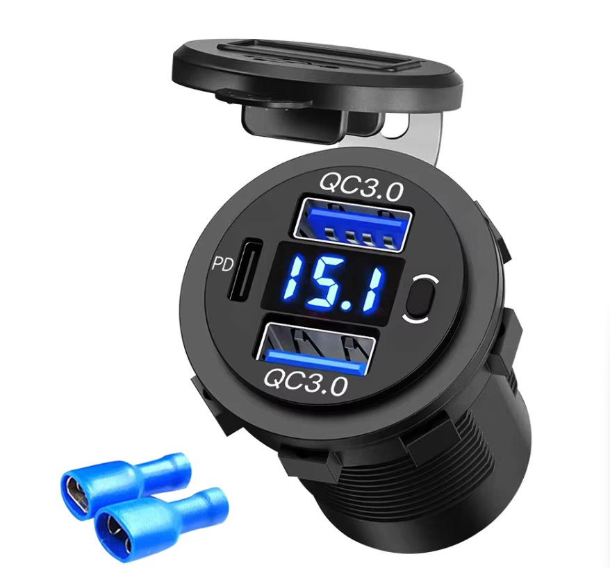 Duální USB nabíječka zásuvka pro nabíjení do karavanu 2x QC3, 1x PD,  12V-24V