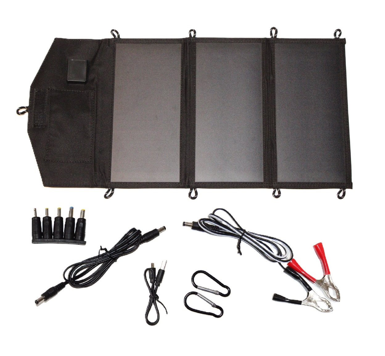 Přenosný solární panel 21W s konektory 12V a 5V USB, solární nabíječka, USB konektor, poutka pro uchycení