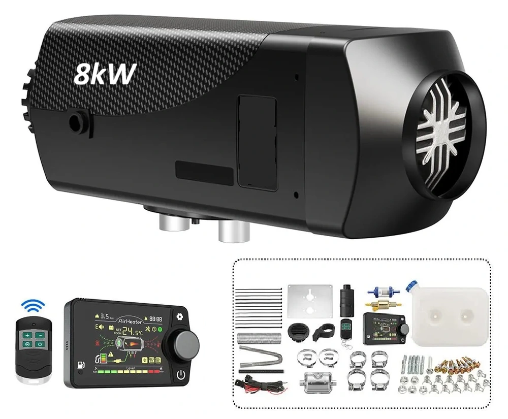 XL-AIRD Nezávislé topení 8kW včetně instalační sady, černý LCD ovladač nová verze, dálkový ovladač, 12V nebo 24V automatická volba