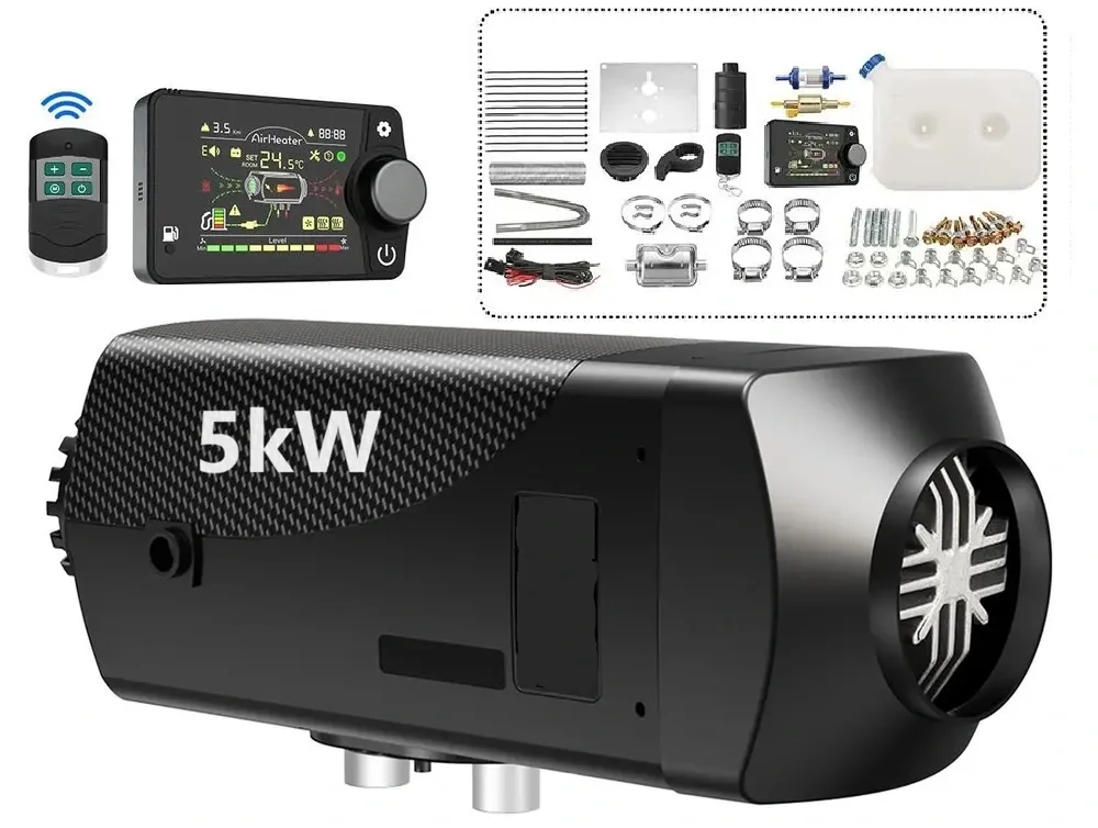 XL-AIRD Nezávislé topení 5kW včetně instalační sady, černý LCD ovladač nová verze, dálkový ovladač, 12V nebo 24V automatická volba, Bluetooth aplikace