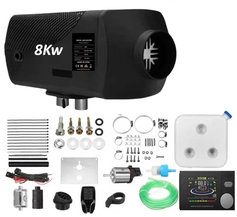 XL-AIRD Nezávislé topení 8kW včetně instalační sady, černý LCD ovladač nová verze, černý dálkový ovladač, 12V nebo 24V automatická volba, tiché čerpadlo, Bluetooth aplikace