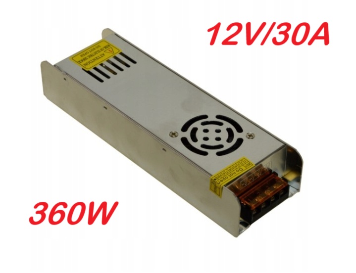 Transformátor elektronický, 12V, 30A, 360W, převaděč napětí z 240V na 12V, chlazený ventilátorem, verze slim