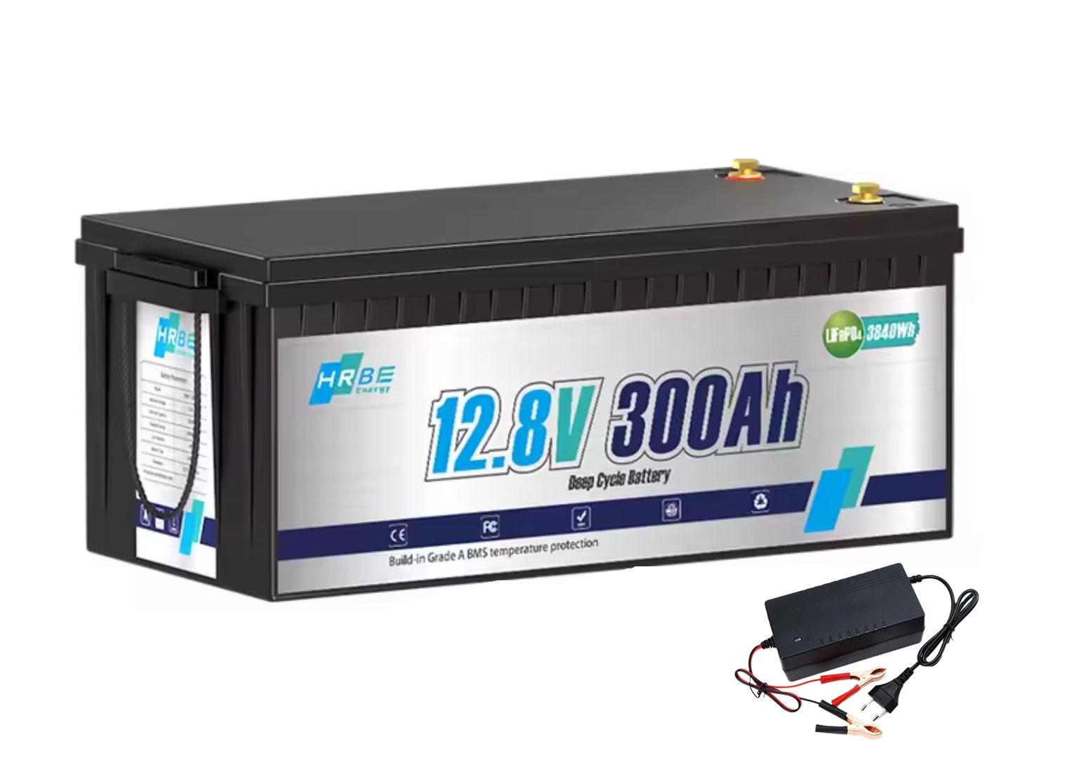 Baterie LiFePO4 12,8V 300Ah, 3840Wh, BMS, Lithium-železo-fosfátová baterie, délka 522mm, nabíječka 7A součástí balení