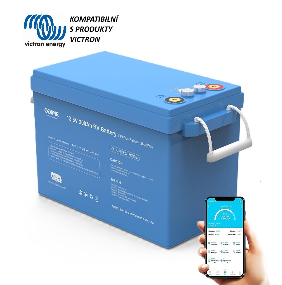 Baterie LiFePO4 12,8V 200Ah, 2560Wh,  bluetooth smart BMS, IP67, možnost propojení s Victron Cerbo GX, CAN/RS485 com port, Lithium-železo-fosfátová baterie