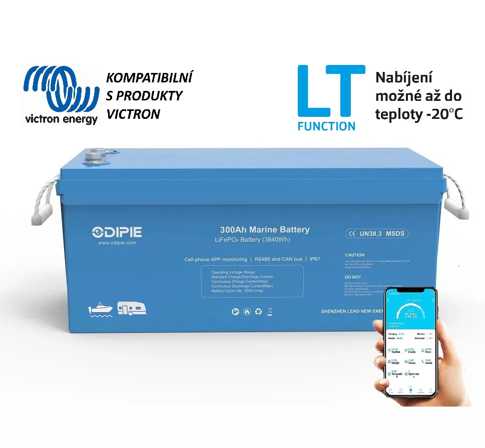 Baterie LiFePO4 12,8V 300Ah, 3840Wh,  bluetooth smart BMS, funkce ohřevu, IP67, možnost propojení s Victron Cerbo GX, CAN/RS485 com port, Lithium-železo-fosfátová baterie