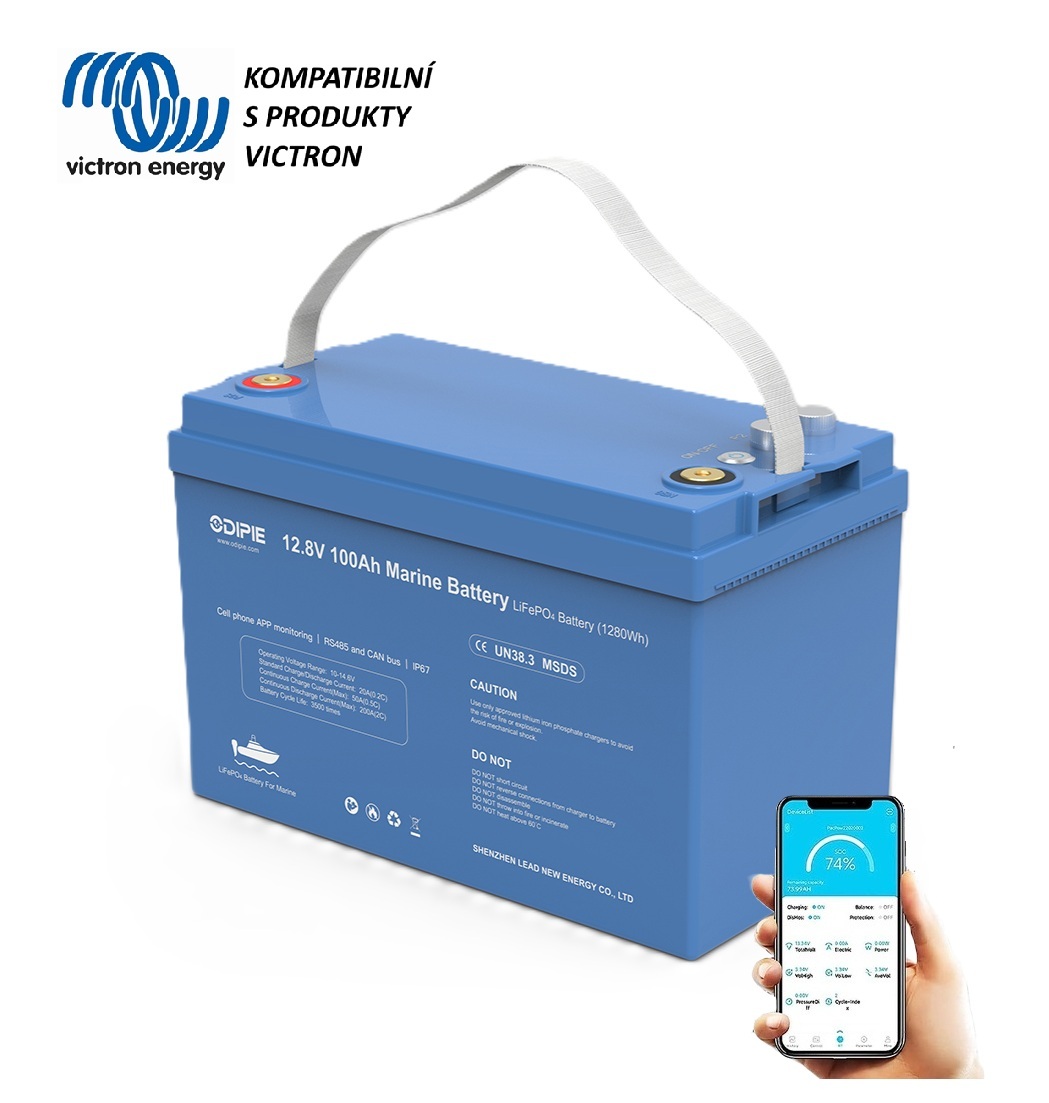 Baterie LiFePO4 12,8V 100Ah, 1280Wh,  bluetooth smart BMS, IP67, možnost propojení s Victron Cerbo GX, CAN/RS485 com port, Lithium-železo-fosfátová baterie