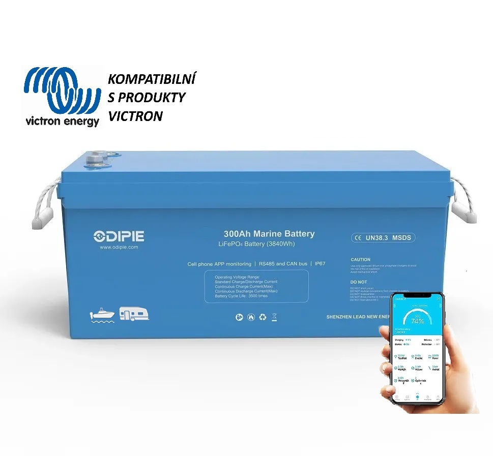 Baterie LiFePO4 12,8V 300Ah, 3840Wh,  bluetooth smart BMS, IP67, možnost propojení s Victron Cerbo GX, CAN/RS485 com port, Lithium-železo-fosfátová baterie