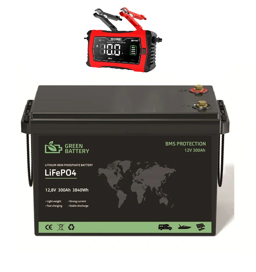 Baterie LiFePO4 12,8V 300Ah, 3840Wh, BMS, Lithium-železo-fosfátová baterie, nabíječka 10A součástí balení