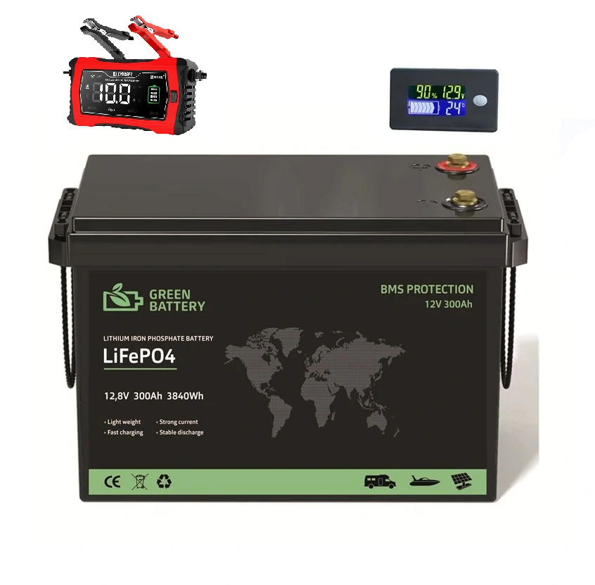 Baterie LiFePO4 12,8V 300Ah, 3840Wh, BMS, Lithium-železo-fosfátová baterie, nabíječka 7A součástí balení, LCD ukazatel stavu baterie